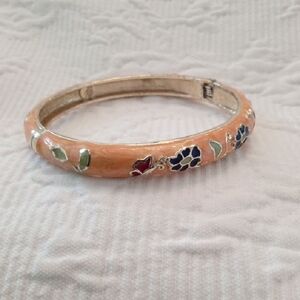 Jia Long Xing Cloisonne Peach Enamel Flower & Butterfly Hinged Bracelet Women